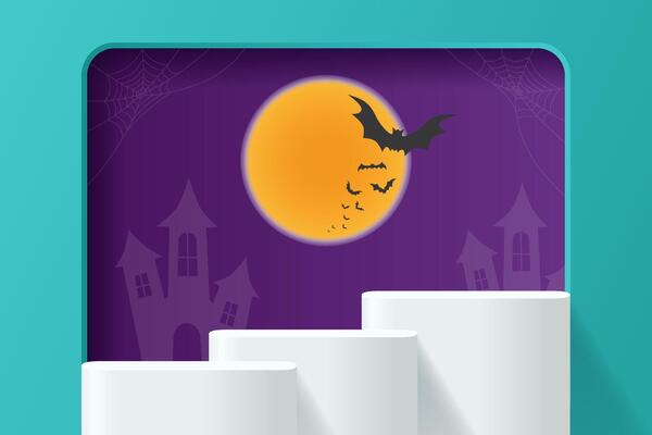Halloween promotion display banner. Full moon with bat flying on purple background. Abstract 3D promotion mockup podium.