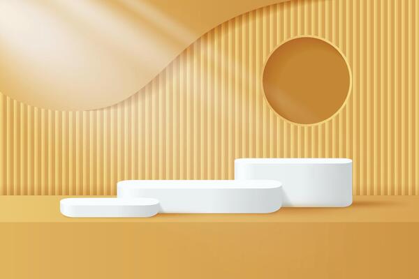Abstract 3D gold podium background. Modern minimalist mockup for product display presentation. Realistic gold cylinder pedestal podium.