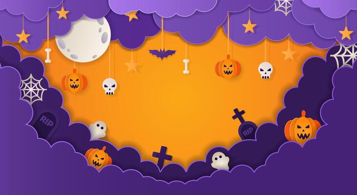 Halloween Night Background illustration. Spooky ghost with night sky, paper art style
