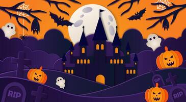 Halloween castle with ghosts and pumpkins vector