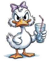 Grumpy Cartoon Duck with Drink - Funny Angry Duck Character in Bow png