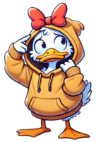 Cute Cartoon Duck in Hoodie with Bow - Thinking Expression Character Art png