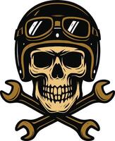 Vintage Biker Skull with Helmet and Crossed Wrenches vector