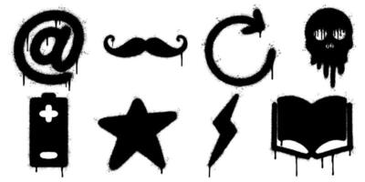 Graffiti Stencil Icon Set in Black Spray Paint Style on White Background. Including symbols at, mustache, reloading, arrows, skulls, batteries, stars, lightning, and open books. vector