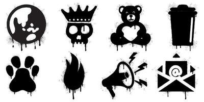 Graffiti Style Icon Collection. Dripping Spray Paint Stencil Symbols Set. including a melting globe, crowned skull, heart teddy bear, trash bin, paw print, flame, megaphone, and email envelope. vector
