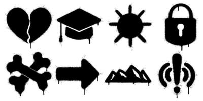Graffiti Stencil Icons Collection. set features eight bold symbols, including a broken heart, graduation cap, sun, padlock, crossed bones, arrow, mountains, and an exclamation mark with signal waves. vector