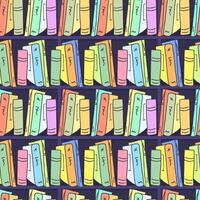 Seamless pattern of a wall-mounted bookcase. Background of bright hand-drawn stacks of books. School library, fairy-tale background for textiles, packaging, stationery, signs, and banners. vector