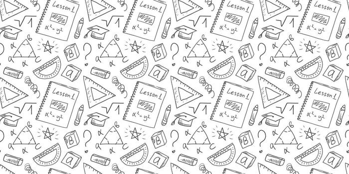 sin costura modelo con colegio suministros, matemático fórmulas, geometría problemas, gobernante, lápiz, y borrador dibujado por mano en garabatear estilo. educación concepto, espalda a escuela. vector