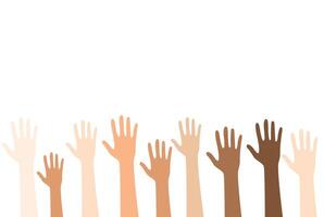 Set of hands raised up. People's hands with different skin color vector