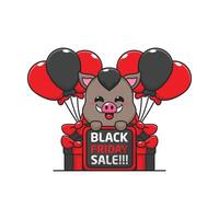 cute boar happy in black friday sale cartoon illustration vector