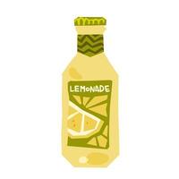 Lemonade Bottle Flat Illustration. Yellow lemonade bottle with geometric lemon slice label and green patterned cap. Flat cartoon style in warm tones on white background. vector