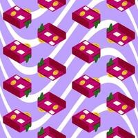 Seamless Cartoon Travel Suitcase Pattern. Bright pink suitcases with stickers and clothes peeking out, arranged on a wavy purple and white background. Seamless cartoon-style pattern with travel theme. vector