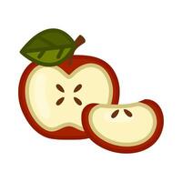 Red Apple Slice Food Illustration. Juicy red apple with one slice and visible seeds, symbolizing healthy eating and fresh fruit. Flat cartoon-style food illustration with warm and cozy vibe. vector