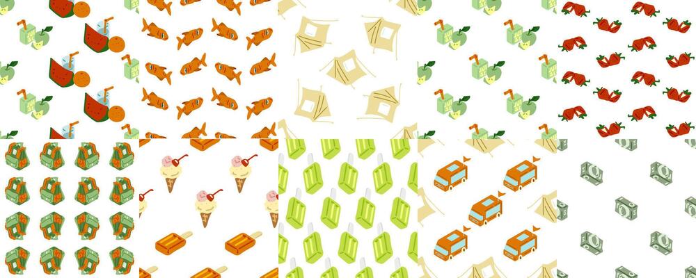 Twelve seamless cartoon patterns featuring summer-themed elements. Flat style on white background.