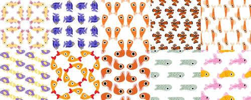 Seamless Cartoon Fish Pattern Collection. Ten seamless patterns with colorful cartoon fish in various shapes and colors. Flat underwater designs on white background with playful marine mood. vector