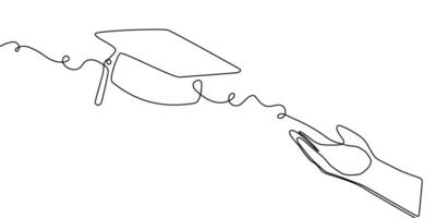 Hat line cap college student education continuous icon illustration university study. Cap school hat one outline hand linear book certificate graduate silhouette academy tassel degree grad day. vector