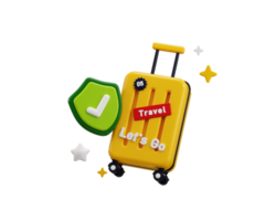 Protect shield with luggage icon 3d render concept of Travel Insurance suitcase standing beside a security shield Travel and Tourism icon illustration png
