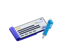Bank check book with pen icon 3d render concept of banking transaction passbook, banking saving money invoice, bank check payment online financial business transaction icon illustration png