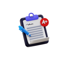 Exam grade board with paper on A plus score icon 3d render concept of academic exam paper for graduation student, school student paper icon illustration png