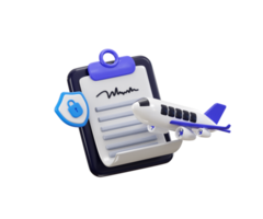 Clipboard with airplane and agreement paper with protect shield icon 3d render concept of Flight travel security insurance icon, Life insurance for Tourism plane trip worldwide illustration png