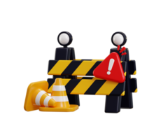 Under maintenance icon 3d render concept of road barrier with traffic cone icon and alert icon for under construction icon illustration png
