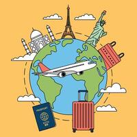 Travel Around the World Illustration with Airplane Eiffel Tower Statue of Liberty and Luggage vector