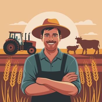 sonriente granjero con brazos cruzado en frente de trigo campo tractor y vacas vector