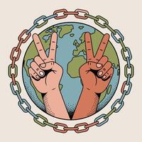 Two hands making peace signs in front of a globe encircled by chain links vector