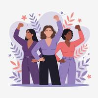Three women with raised fists in purple and coral clothing with floral elements vector