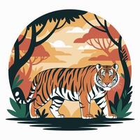 Tiger Illustration in Orange and Green Forest Landscape vector