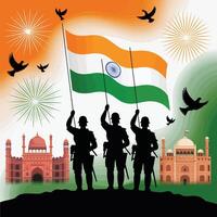 Indian Independence Day Illustration with Soldiers Holding Flag and Monuments vector