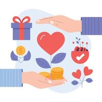 Hands with gift box heart coins and checkmark symbols on a light blue background vector