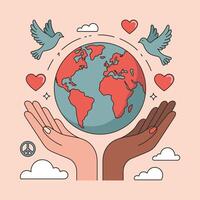 Earth Globe Held in Hands with Doves Hearts and Peace Symbol vector