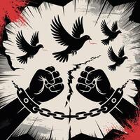 Black doves with red ribbons flying above breaking chains and fists vector