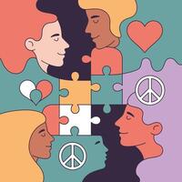 Diverse Faces and Puzzle Pieces with Hearts and Peace Symbols vector