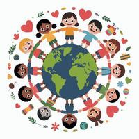 Children Holding Hands Around Earth Globe with Hearts and Decorative Elements 2 vector