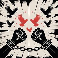 Black fists breaking chains with red doves and flying birds illustration vector
