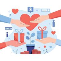 Hands holding a red heart and gifts with donation and money icons vector