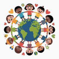 Children Holding Hands Around Earth Globe with Hearts and Decorative Elements vector