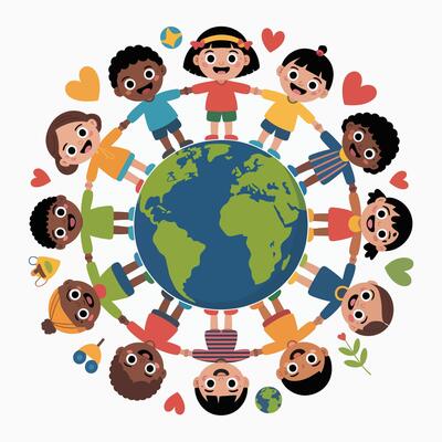 Children Holding Hands Around Earth Globe with Hearts and Decorative Elements