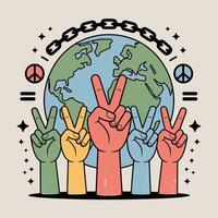 Colorful hands making peace signs around a globe with chain vector