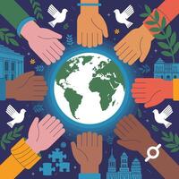 Diverse Hands Around Earth Dove Symbols and Buildings Illustration vector