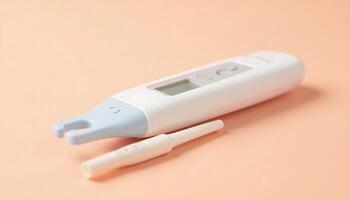 Modern Digital Thermometer with Probe on Peach Background, Close-Up photo