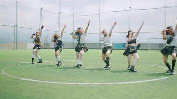 A group of six dancers performing a choreographed routine on a green turf field. They are dressed in stylish outfits, showcasing energetic movements under a bright sky. video