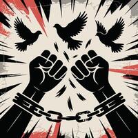 Black fists in chains with doves flying above a distressed background vector
