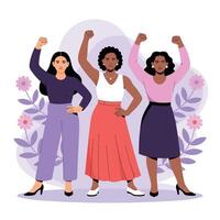 Three women with raised fists in solidarity illustration vector