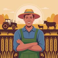 Smiling Farmer with Arms Crossed in Field with Tractor Cow and Wheat vector