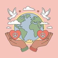 Earth with doves, hearts, and peace symbols held in hands on pink background vector