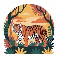 Tiger Illustration in Jungle Setting with Trees and Foliage vector