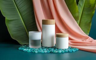 Three white bottles and a glass on a green background photo